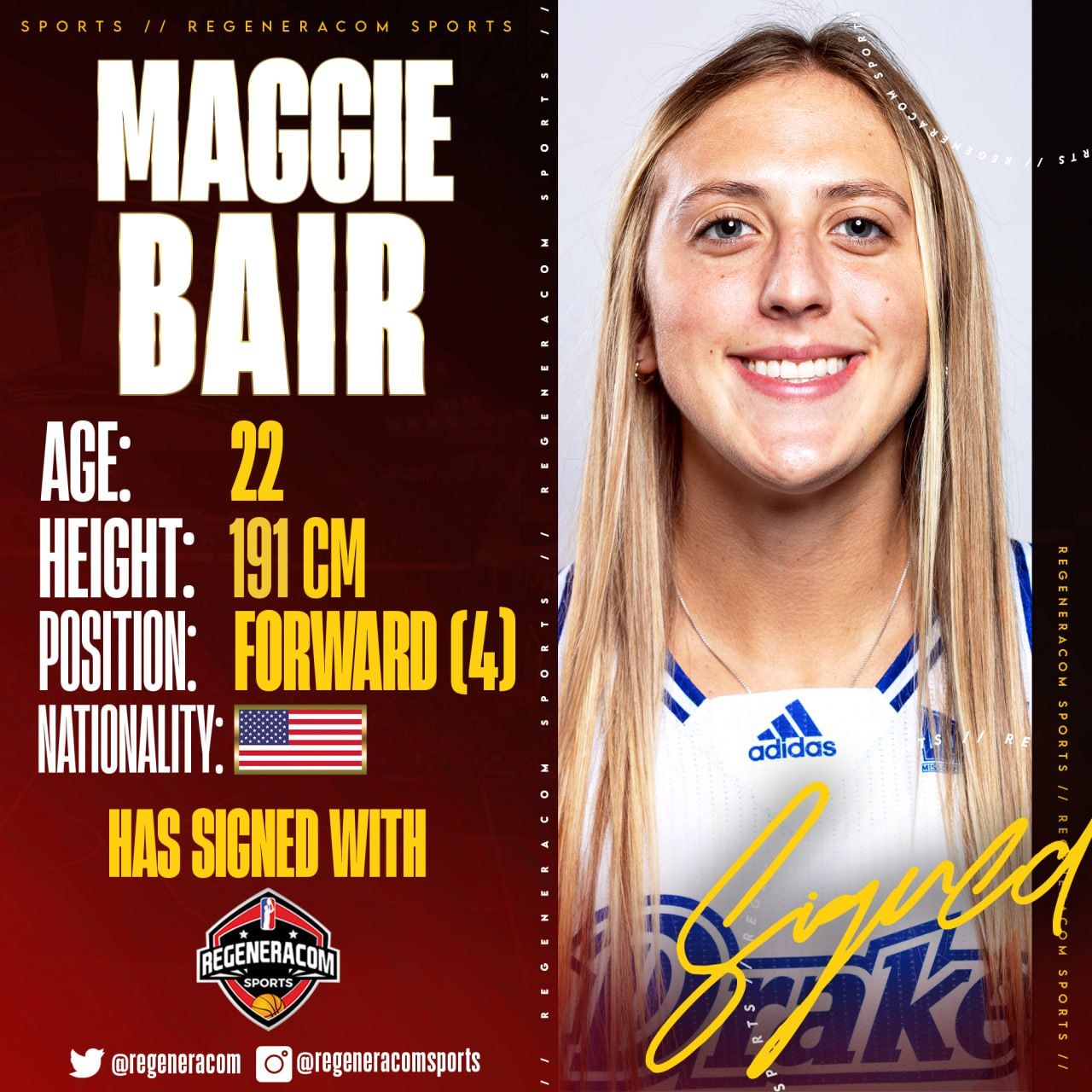 MAGGIE BAIR has signed with Regeneracom Sports